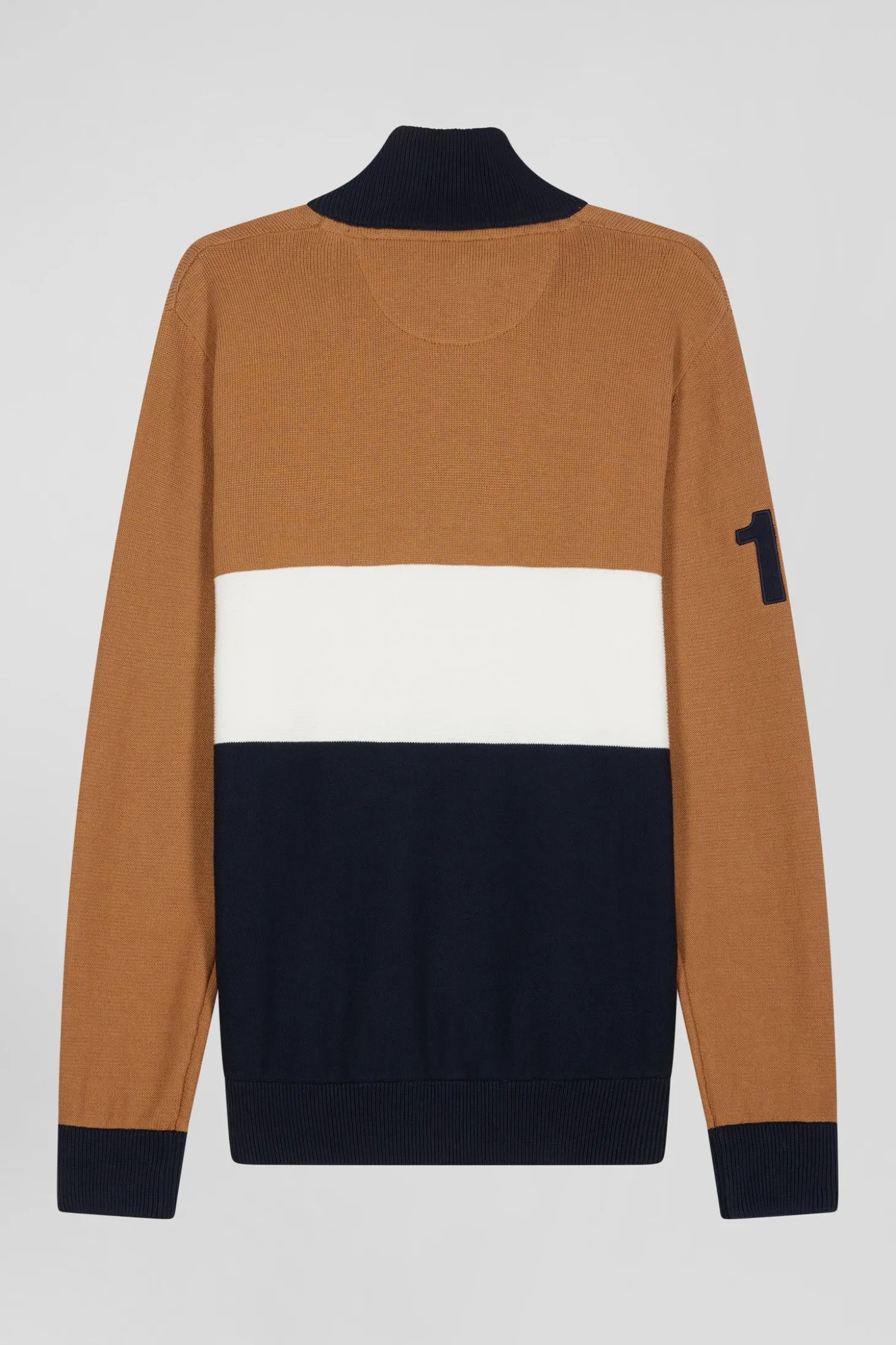 Pull col camionneur zippé colorblock en coton camel brodé coupe Regular
