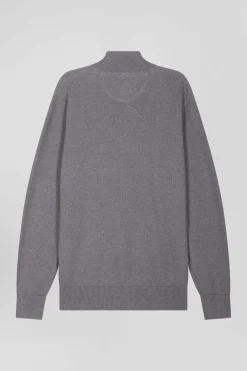 Pull col camionneur zippé uni en coton gris coupe Regular
