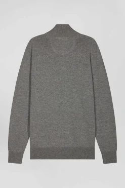 Pull col camionneur zippé en laine et coton gris clair coupe Regular