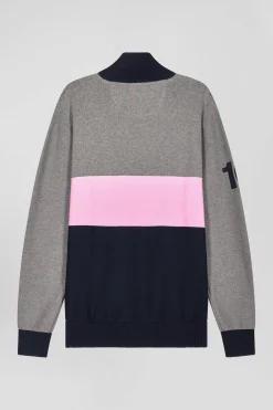 Pull col camionneur zippé colorblock en coton gris brodé coupe Regular