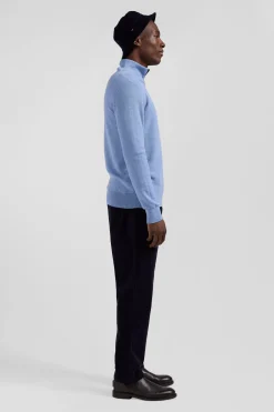 Pull col camionneur zippé uni en coton ciel coupe Regular