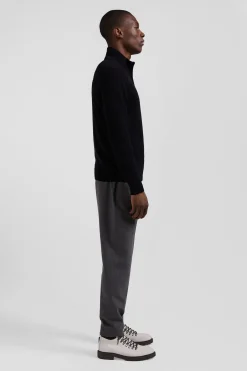 Pull col camionneur zippé en laine et coton noir coupe Regular