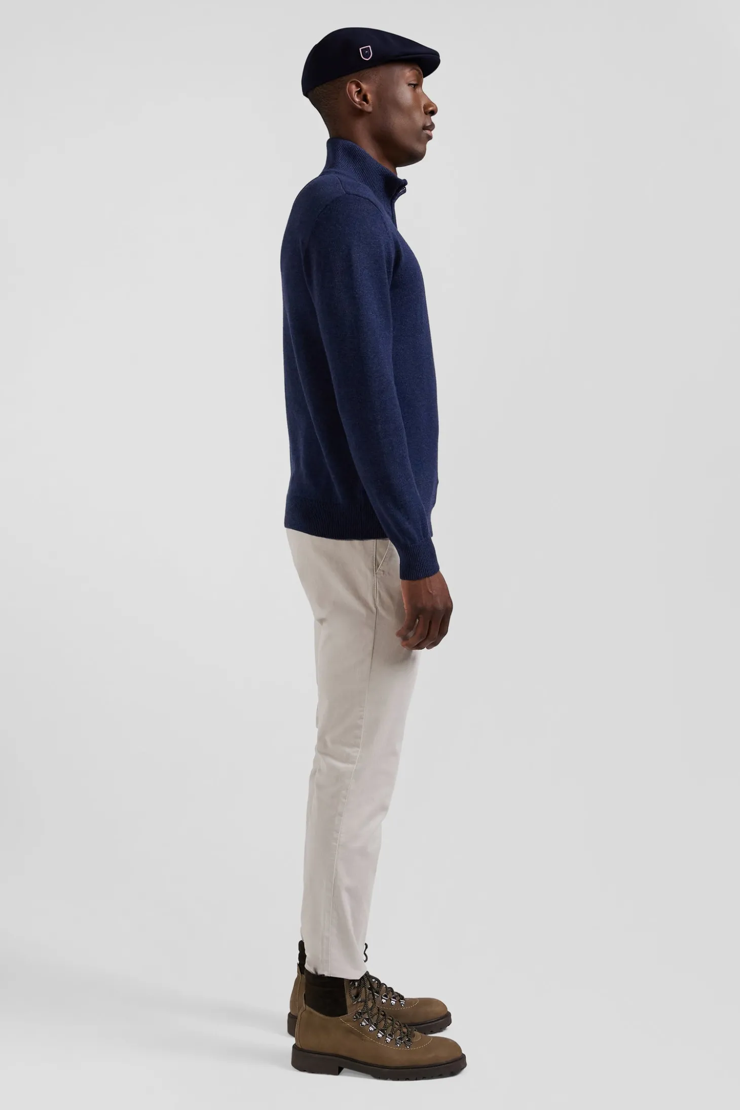 Pull col camionneur zippé en laine et coton bleu foncé coupe Regular