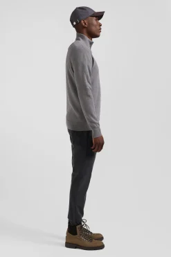 Pull col camionneur zippé uni en coton gris coupe Regular