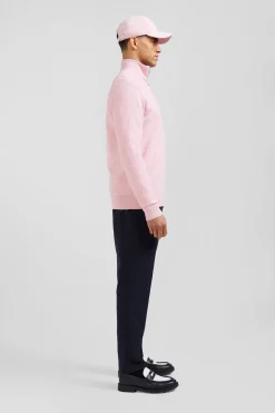 Pull col camionneur zippé uni en coton rose coupe Regular