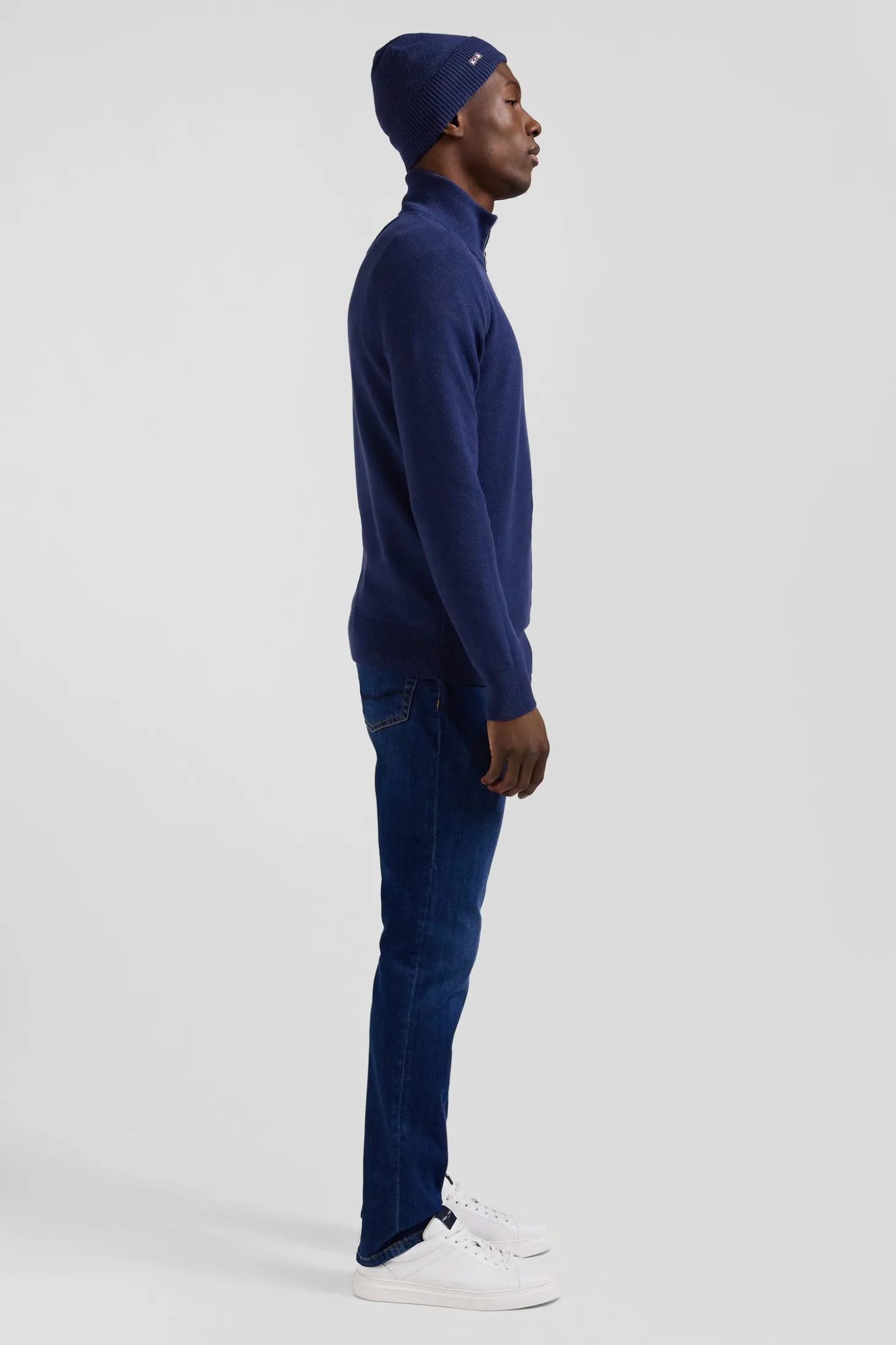 Pull col camionneur zippé uni en coton bleu foncé coupe Regular