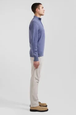 Pull col camionneur zippé en laine et coton bleu clair coupe Regular