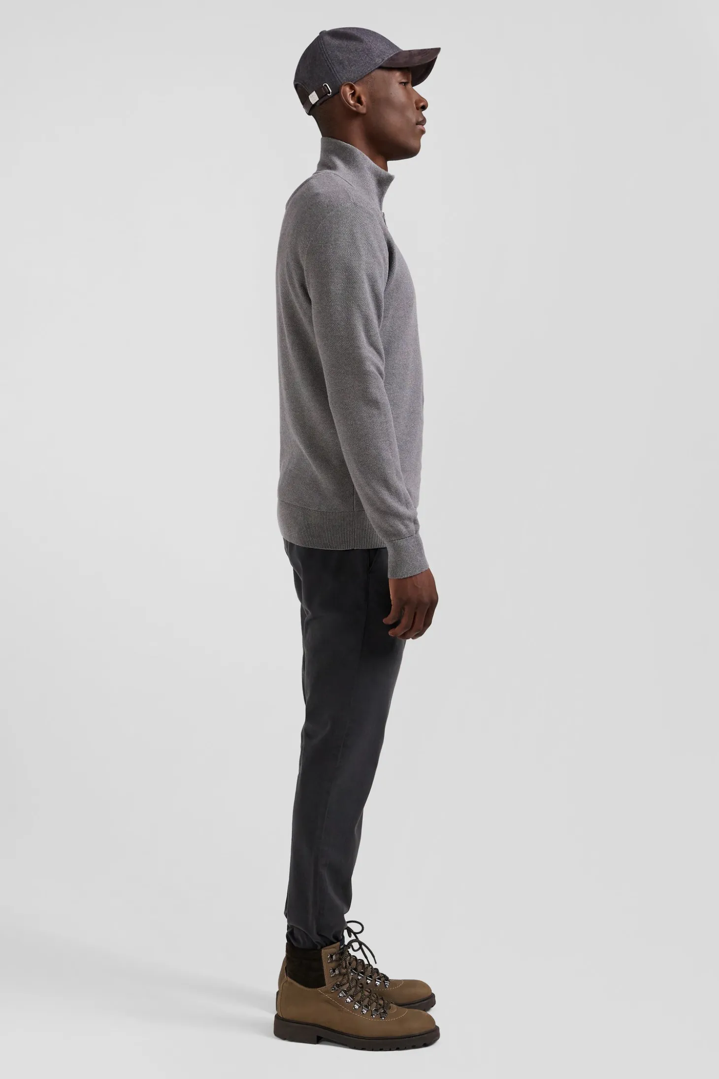 Pull col camionneur zippé uni en coton gris coupe Regular