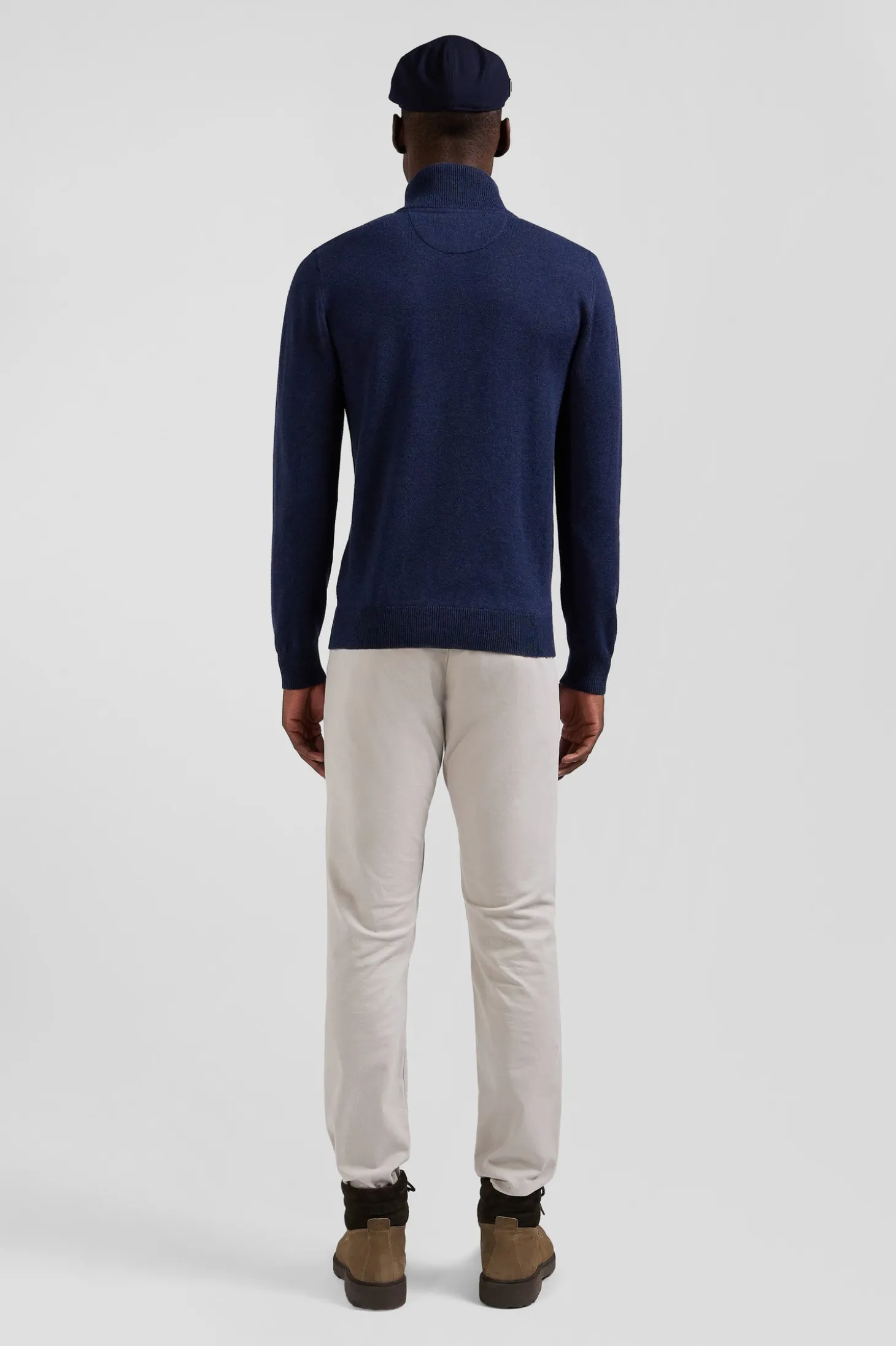 Pull col camionneur zippé en laine et coton bleu foncé coupe Regular