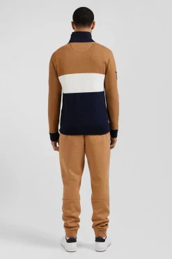 Pull col camionneur zippé colorblock en coton camel brodé coupe Regular