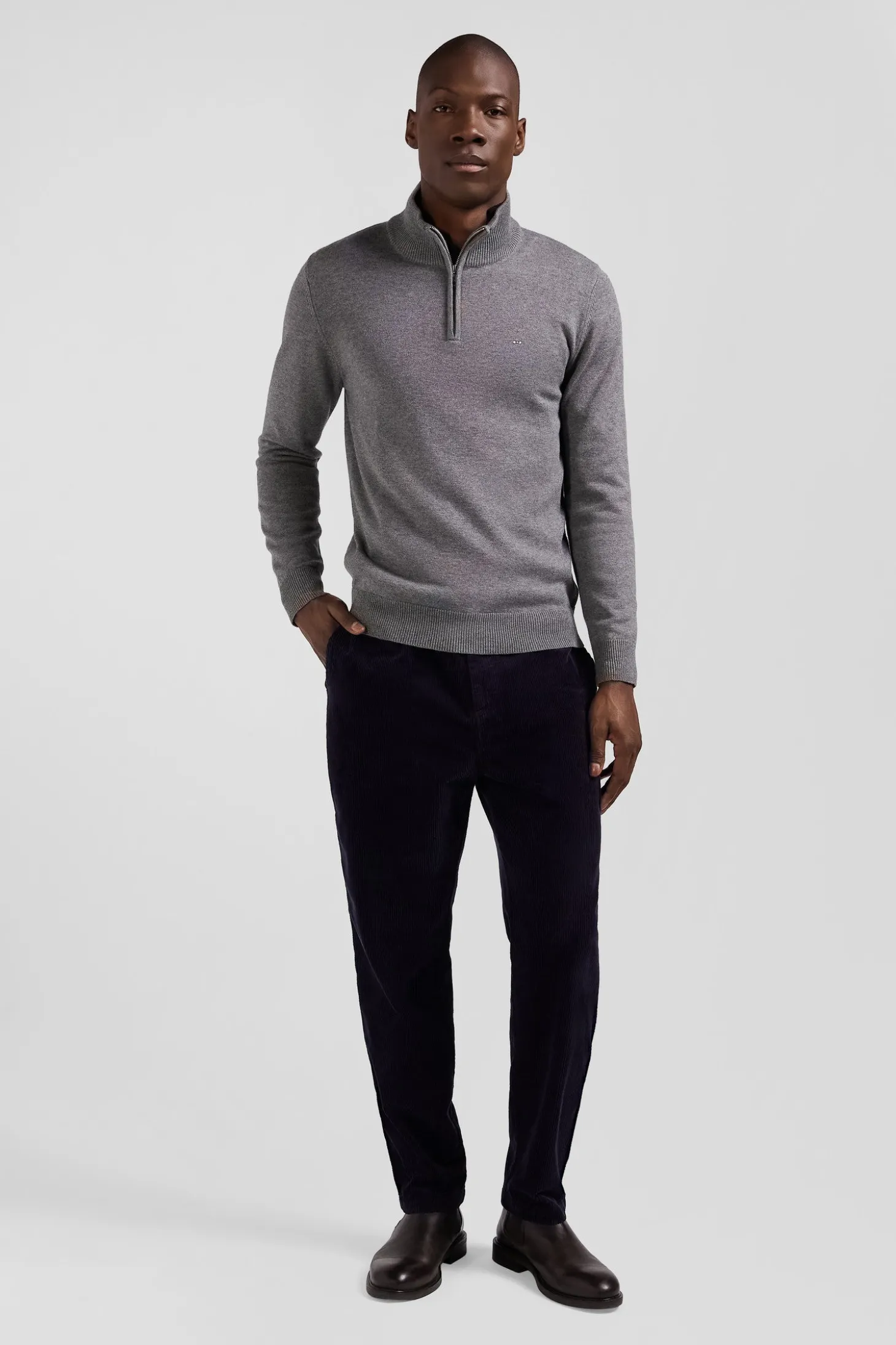 Pull col camionneur zippé en laine et coton gris clair coupe Regular