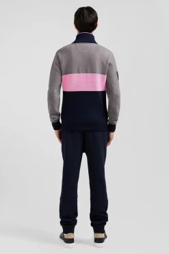 Pull col camionneur zippé colorblock en coton gris brodé coupe Regular