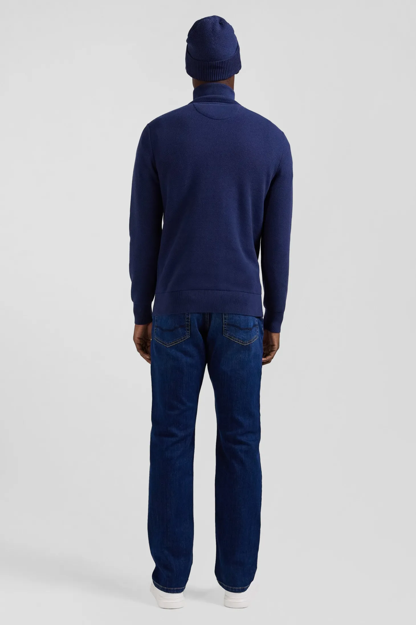 Pull col camionneur zippé uni en coton bleu foncé coupe Regular