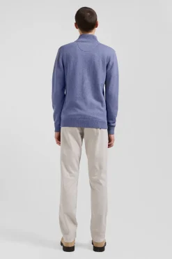 Pull col camionneur zippé en laine et coton bleu clair coupe Regular