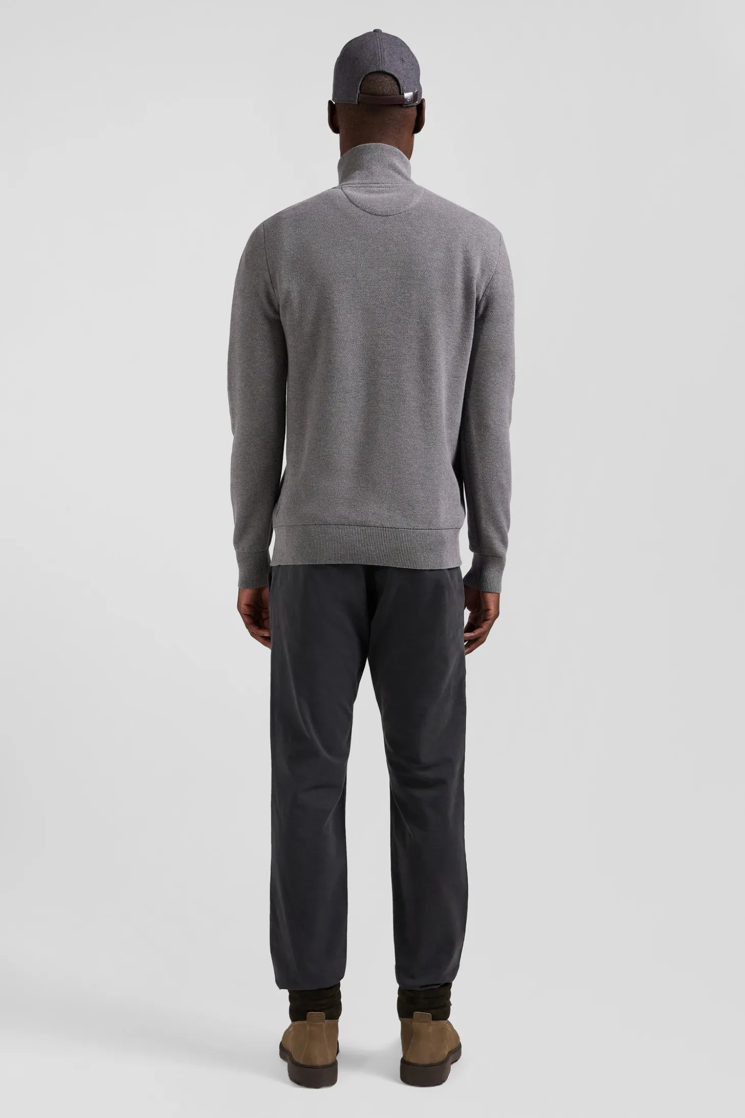 Pull col camionneur zippé uni en coton gris coupe Regular