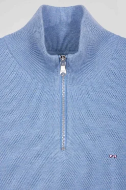 Pull col camionneur zippé uni en coton ciel coupe Regular
