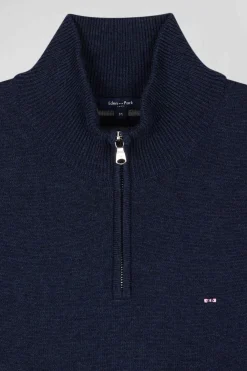 Pull col camionneur zippé en laine et coton bleu foncé coupe Regular