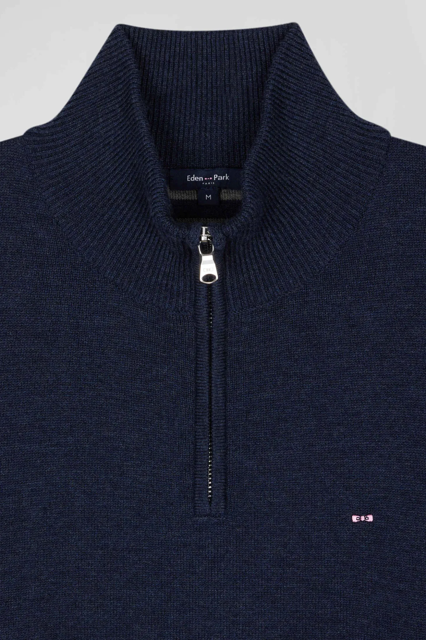 Pull col camionneur zippé en laine et coton bleu foncé coupe Regular