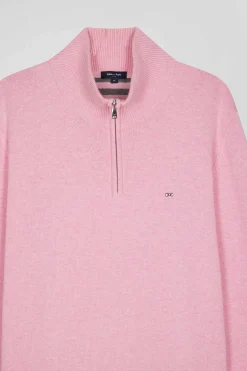 Pull col camionneur zippé en laine et coton rose coupe Regular