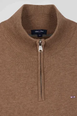 Pull col camionneur zippé en laine et coton marron coupe Regular