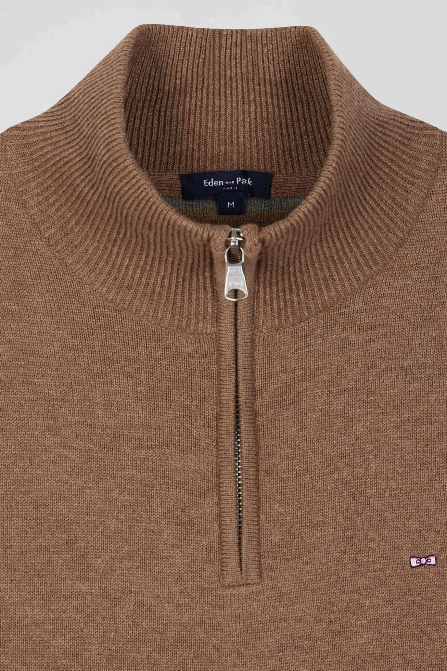 Pull col camionneur zippé en laine et coton marron coupe Regular