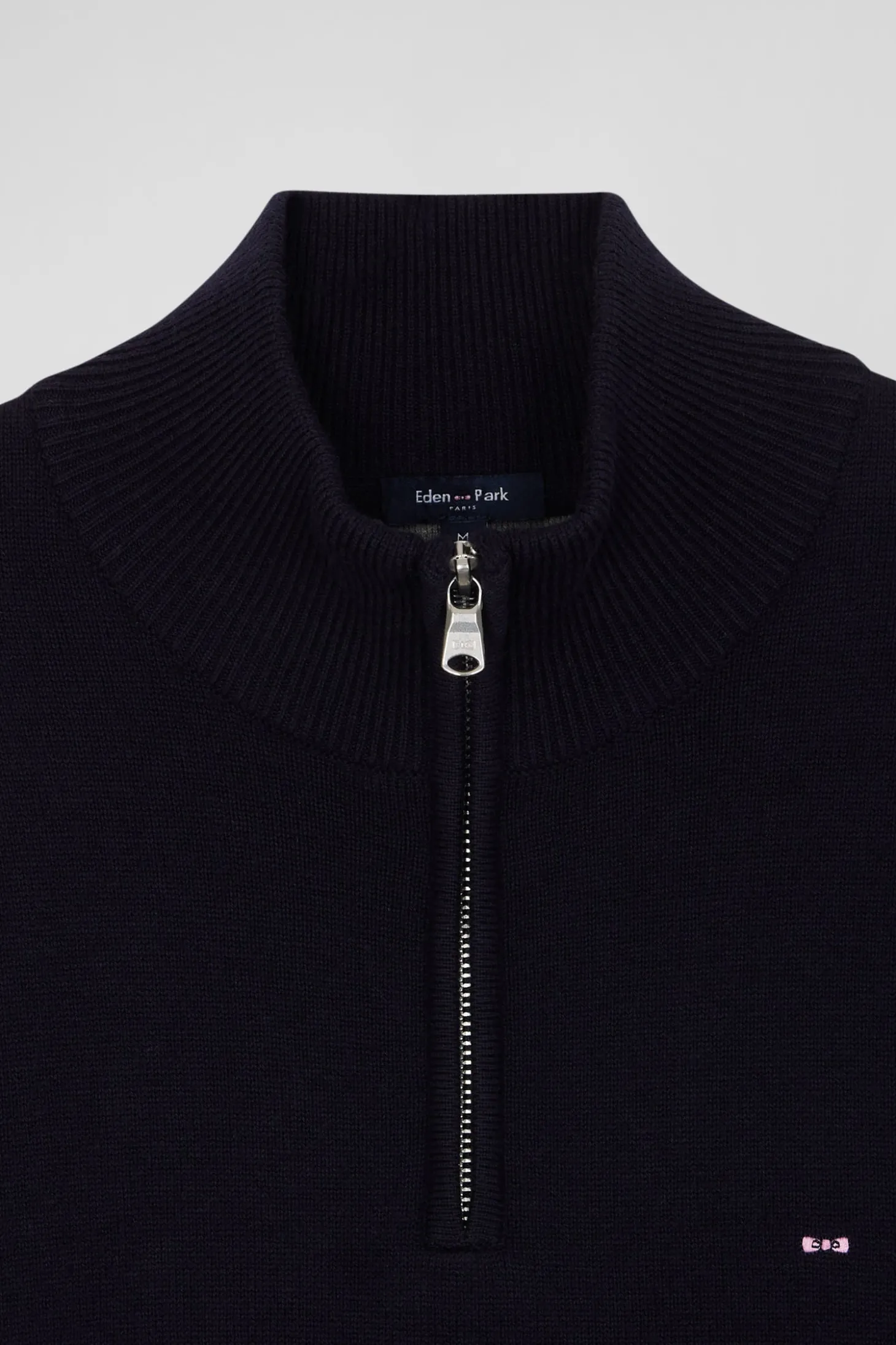 Pull col camionneur zippé en laine et coton bleu marine coupe Regular