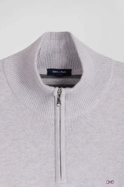 Pull col camionneur zippé en laine et coton gris coupe Regular