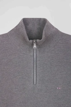 Pull col camionneur zippé uni en coton gris coupe Regular