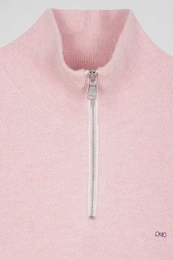 Pull col camionneur zippé uni en coton rose coupe Regular
