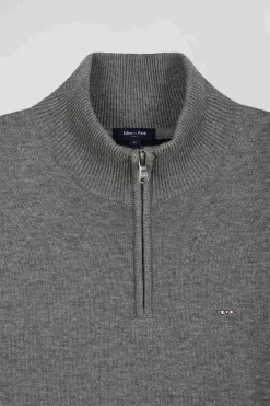 Pull col camionneur zippé en laine et coton gris clair coupe Regular