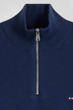Pull col camionneur zippé uni en coton bleu foncé coupe Regular
