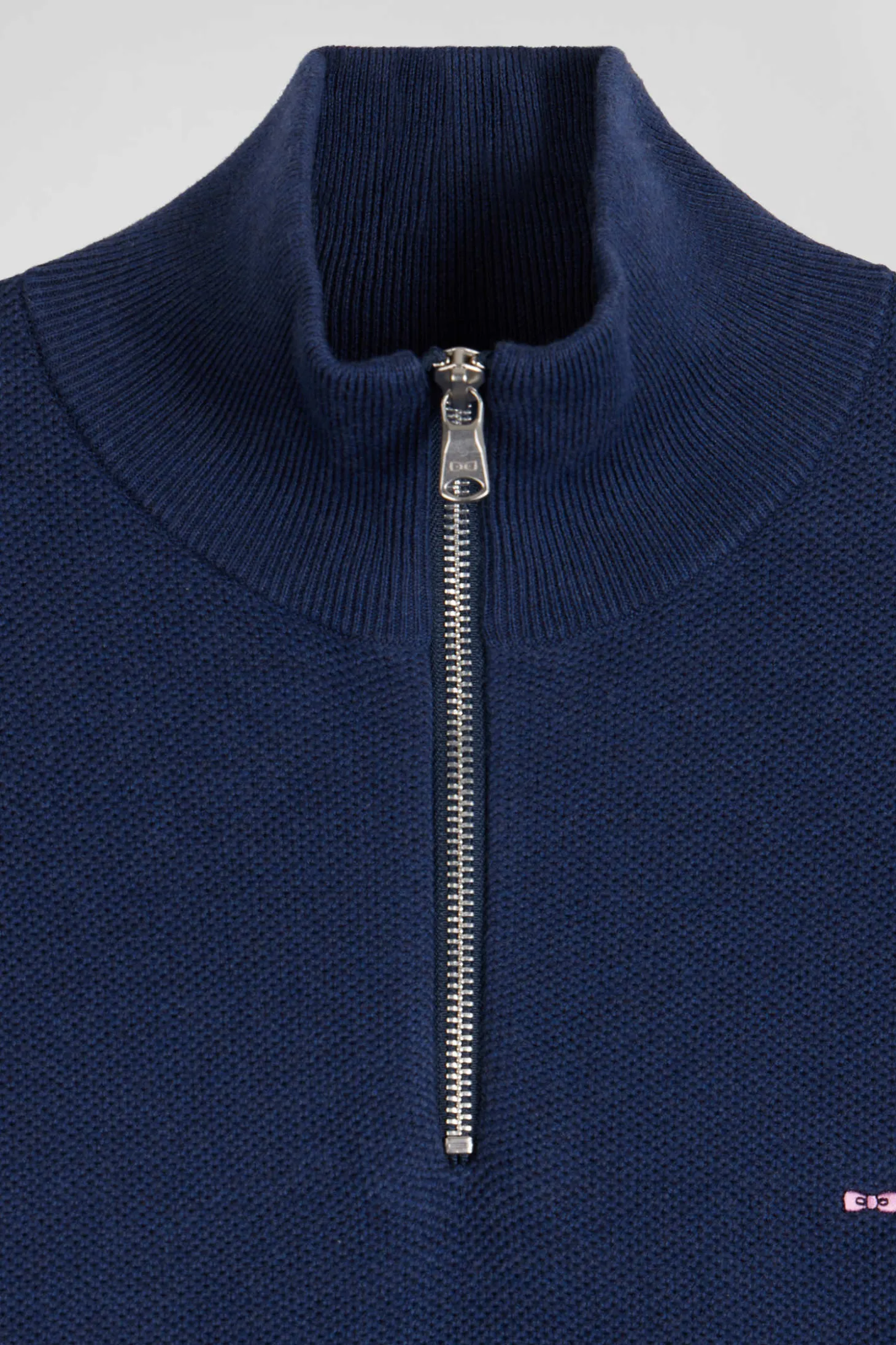 Pull col camionneur zippé uni en coton bleu foncé coupe Regular
