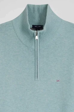 Pull col camionneur zippé en laine et coton vert coupe Regular