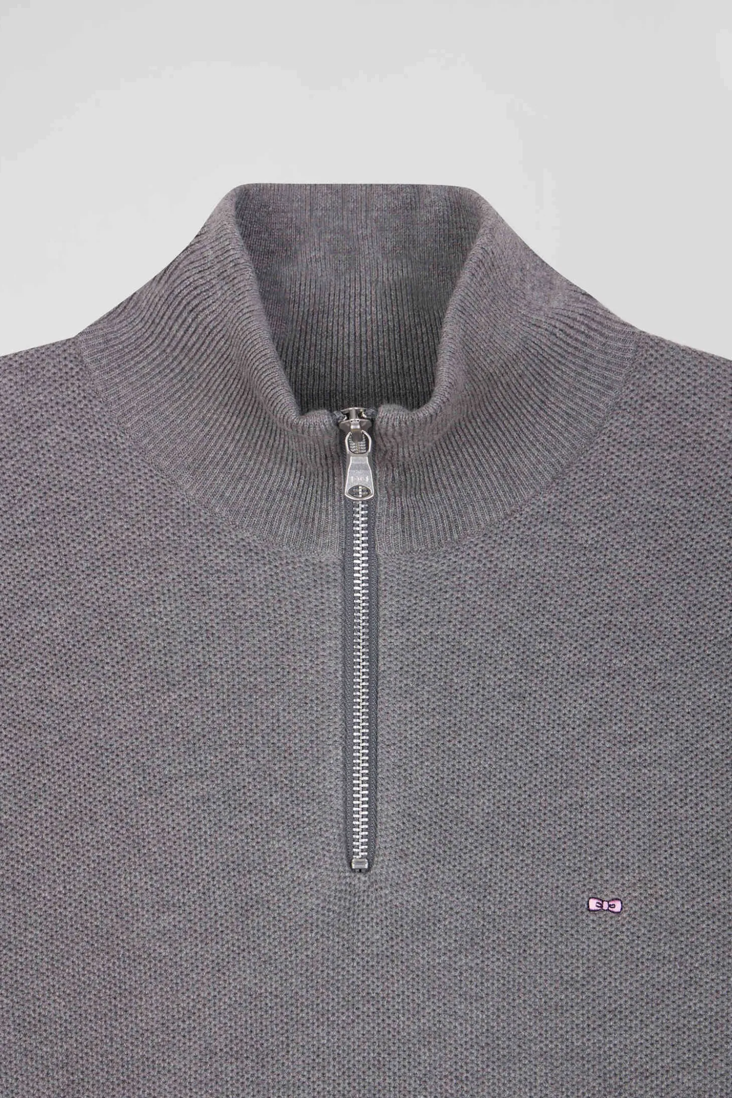 Pull col camionneur zippé uni en coton gris coupe Regular