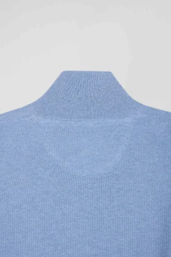 Pull col camionneur zippé uni en coton ciel coupe Regular