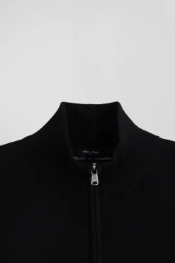 Pull col camionneur zippé en laine et coton noir coupe Regular