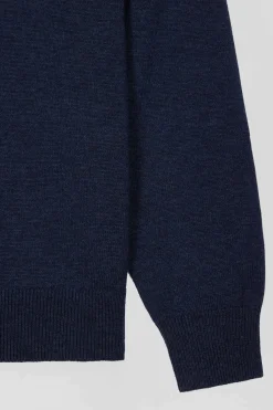 Pull col camionneur zippé en laine et coton bleu foncé coupe Regular