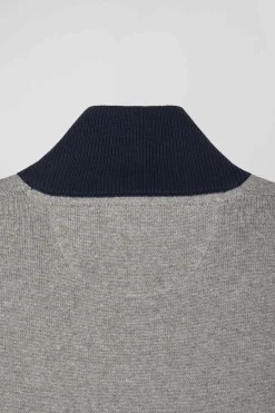 Pull col camionneur zippé colorblock en coton gris brodé coupe Regular