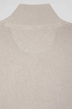 Pull col camionneur zippé en laine et coton beige coupe Regular