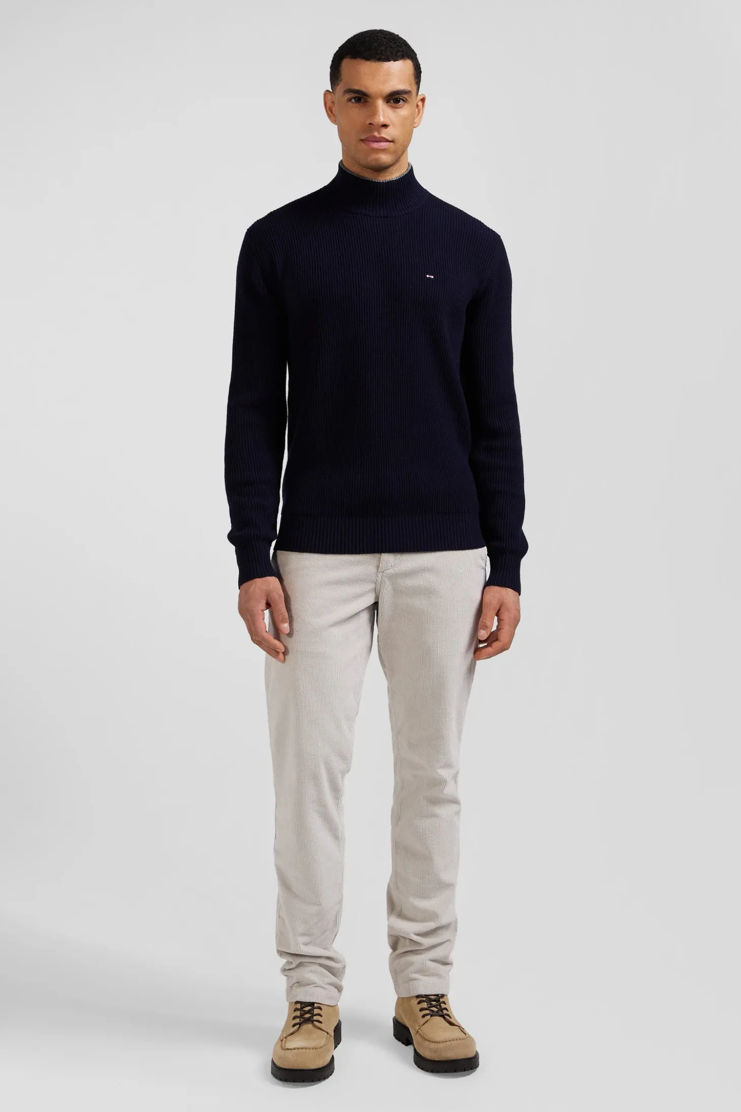 Pull col cheminée en laine et coton bleu marine coupe Regular