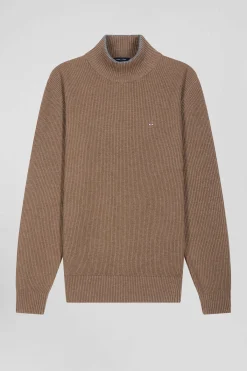 Pull col cheminée en laine et coton marron coupe Regular
