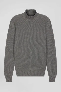 Pull col cheminée en laine et coton gris coupe Regular
