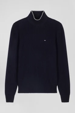 Pull col cheminée en laine et coton bleu marine coupe Regular