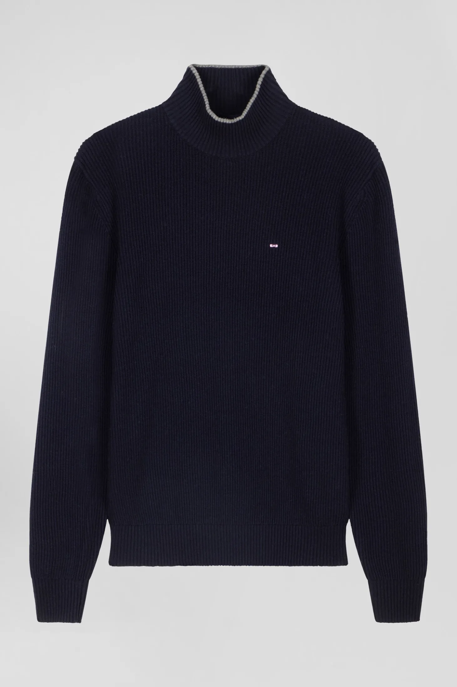 Pull col cheminée en laine et coton bleu marine coupe Regular