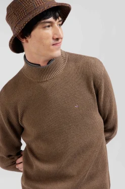Pull col cheminée en laine et coton marron coupe Regular
