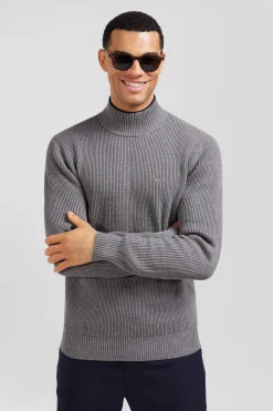 Pull col cheminée en laine et coton gris coupe Regular