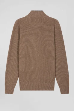 Pull col cheminée en laine et coton marron coupe Regular