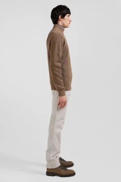 Pull col cheminée en laine et coton marron coupe Regular