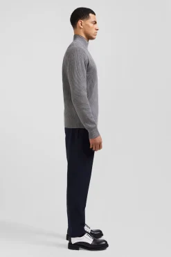 Pull col cheminée en laine et coton gris coupe Regular