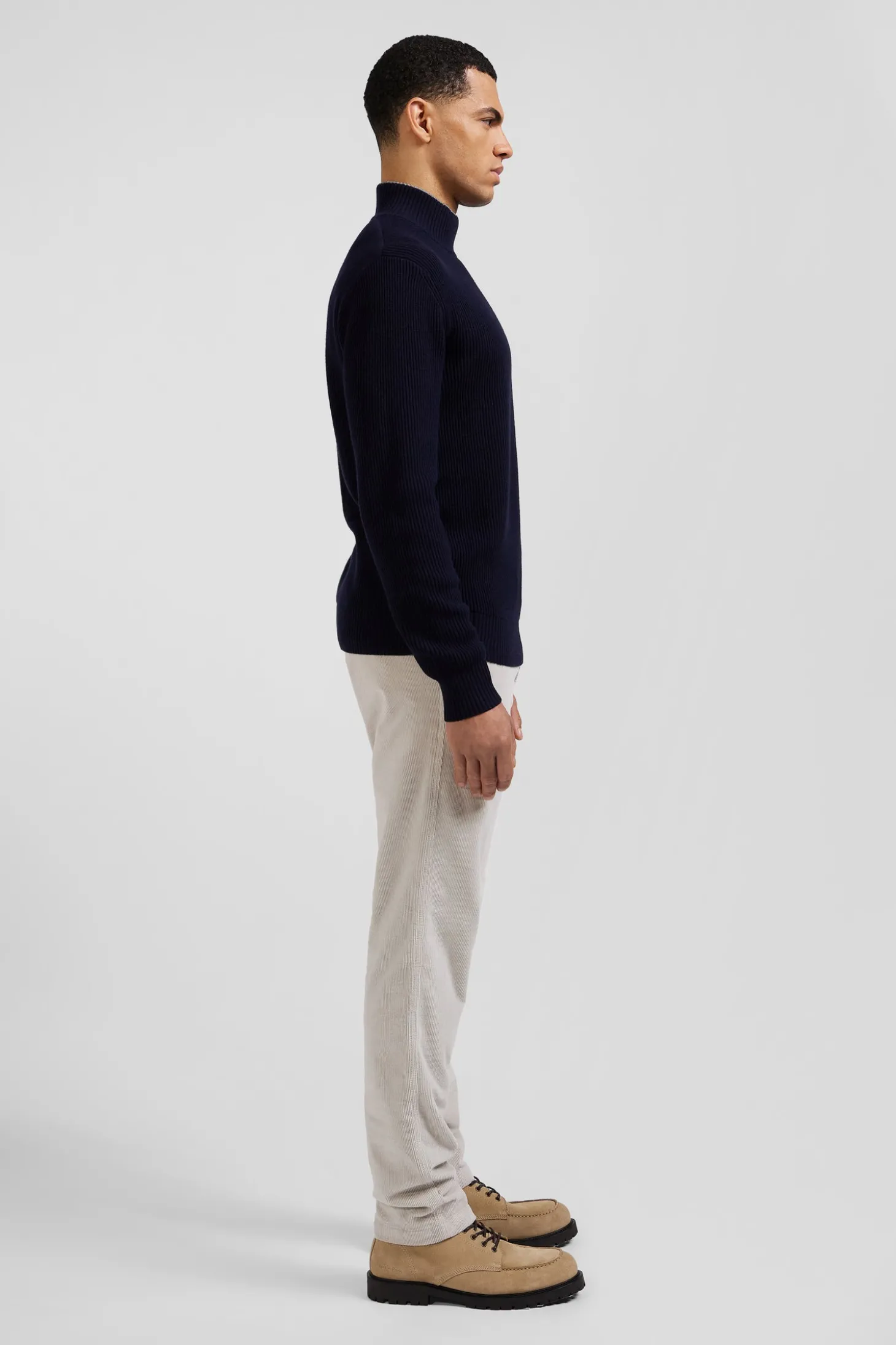 Pull col cheminée en laine et coton bleu marine coupe Regular